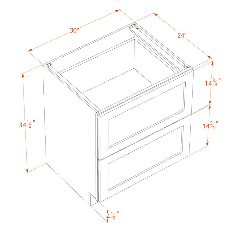 DB30-2: White Shaker 30"Standard Base Cabinet with 2 Drawers