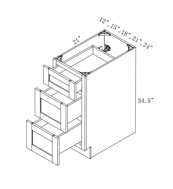 VDB15-3: Oak Shaker 15" Vanity Drawer Base Cabinet with 3 Drawers