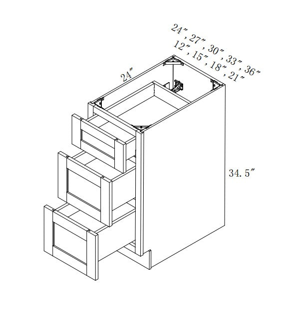 DB24-3: Oak Shaker 24" Standard Base Cabinet with 3 Drawers