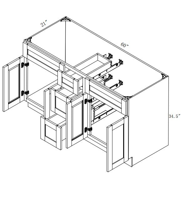 VSD60DD: Oak Shaker Vanity Side Drawer Base Cabinet Double Basin