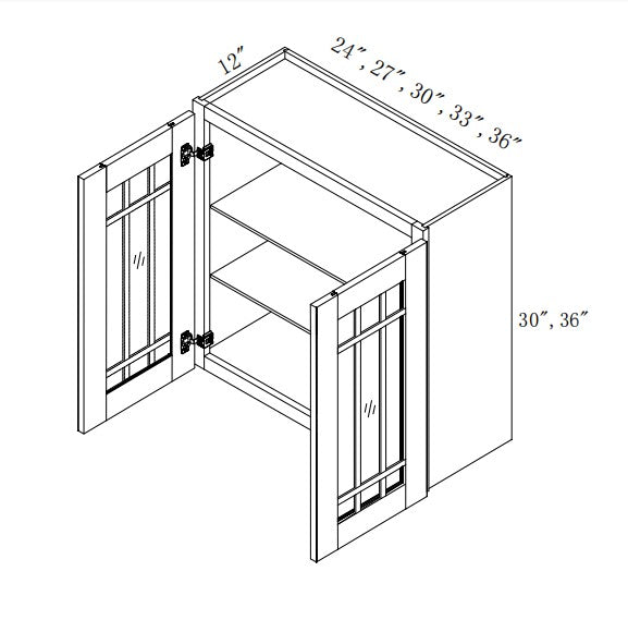 W2736/GD:  Oak Shaker Wall 27"Upper Cabinet with Glass Door